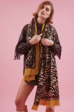 JAYLEY Animal Print Cashmere & Silk Blend Scarf With Animal And Stripe Design -Deals Plain Midis Store jayley animal print cashmere silk blend scarf with animal and stripe design p5249 64569 image