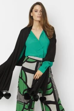 JAYLEY Black Cashmere Blend Wrap With Faux Fur Heart Poms