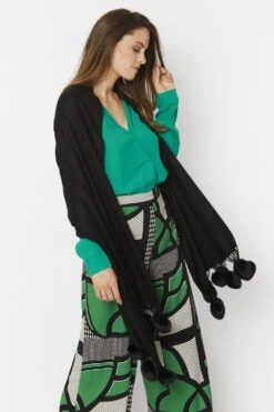 JAYLEY Black Cashmere Blend Wrap With Faux Fur Heart Poms -Deals Plain Midis Store jayley black cashmere blend wrap with faux fur heart poms p4825 62269 image