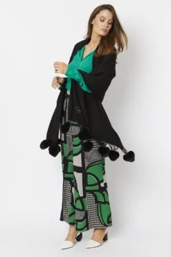 JAYLEY Black Cashmere Blend Wrap With Faux Fur Heart Poms -Deals Plain Midis Store jayley black cashmere blend wrap with faux fur heart poms p4825 62270 image