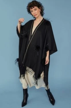 JAYLEY Black Cashmere Wrap With Feathers -Deals Plain Midis Store jayley black cashmere wrap with feathers p10964 76754 image