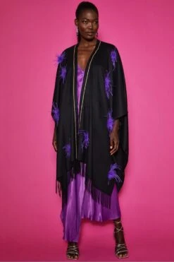 JAYLEY Black Cashmere Wrap With Purple Feathers -Deals Plain Midis Store jayley black cashmere wrap with purple feathers p10794 75408 image