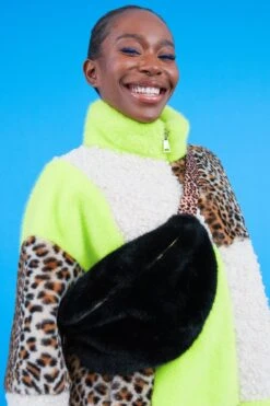 JAYLEY Black Faux Fur Bum Bag With Leopard Print Strap