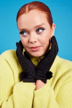 JAYLEY Black Faux Suede Gloves With Faux Fur Pom