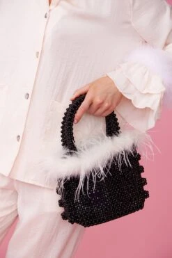 JAYLEY Black Handmade Pearl Tote Bag With Feather Trim -Deals Plain Midis Store jayley black handmade pearl tote bag with feather trim p11755 84136 image