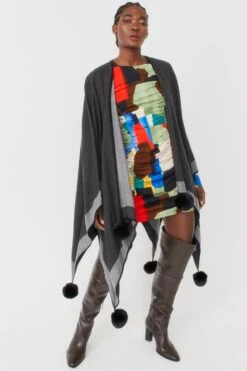 JAYLEY Black Reversible Cashmere Wrap Cape With Faux Fur Poms