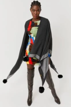 JAYLEY Black Reversible Cashmere Wrap Cape With Faux Fur Poms -Deals Plain Midis Store jayley black reversible cashmere wrap cape with faux fur poms p7918 77780 image