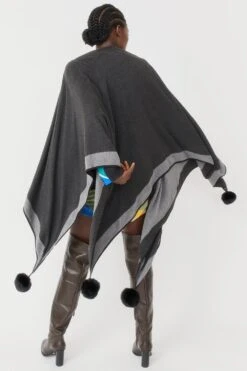 JAYLEY Black Reversible Cashmere Wrap Cape With Faux Fur Poms -Deals Plain Midis Store jayley black reversible cashmere wrap cape with faux fur poms p7918 77781 image