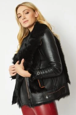 JAYLEY Black Shearling & Leather Gilet -Deals Plain Midis Store jayley black shearling leather gilet p7651 46436 image