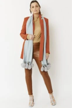 JAYLEY Blue Cashmere Blend Wrap With Faux Fur Heart Poms -Deals Plain Midis Store jayley blue cashmere blend wrap with faux fur heart poms p4830 62299 image