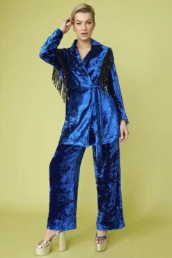 JAYLEY Blue Crushed Velvet Blazer Dress With Sequin Tassels -Deals Plain Midis Store jayley blue crushed velvet blazer dress with sequin tassels p13385 90649 image