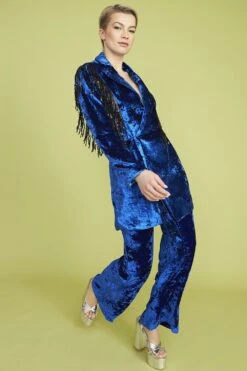 JAYLEY Blue Crushed Velvet Blazer Dress With Sequin Tassels -Deals Plain Midis Store jayley blue crushed velvet blazer dress with sequin tassels p13385 90650 image