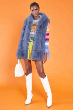 JAYLEY Blue Faux Fur Long Hooded Gilet -Deals Plain Midis Store jayley blue faux fur long hooded gilet p12754 93330 image