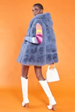 JAYLEY Blue Faux Fur Long Hooded Gilet -Deals Plain Midis Store jayley blue faux fur long hooded gilet p12754 93331 image