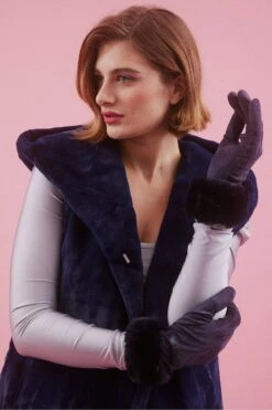 JAYLEY Blue Faux Suede Faux Fur Trim Gloves