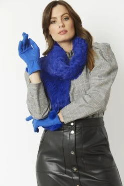 JAYLEY Blue Faux Suede Gloves With Faux Fur Pom -Deals Plain Midis Store jayley blue faux suede gloves with faux fur pom p4591 61159 image