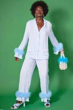 JAYLEY Blue Handmade Pearl Tote Bag With Feather Trim -Deals Plain Midis Store jayley blue handmade pearl tote bag with feather trim p2748 73930 image