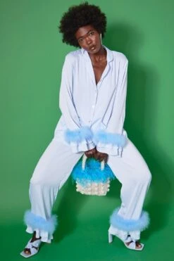 JAYLEY Blue Handmade Pearl Tote Bag With Feather Trim -Deals Plain Midis Store jayley blue handmade pearl tote bag with feather trim p2748 73931 image