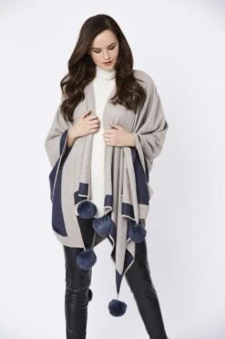 JAYLEY Blue Luxury Reversible Cashmere Blend Pom Pom Wrap -Deals Plain Midis Store jayley blue luxury reversible cashmere blend pom pom wrap p3508 56894 image