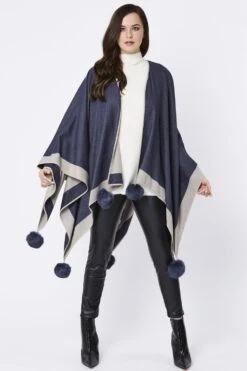 JAYLEY Blue Luxury Reversible Cashmere Blend Pom Pom Wrap -Deals Plain Midis Store jayley blue luxury reversible cashmere blend pom pom wrap p3508 56898 image