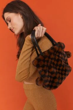 JAYLEY Brown And Black Checkered Faux Fur Bag Faux Fur Bag