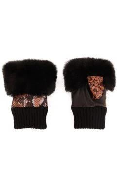 JAYLEY Brown Snakeprint Fingerless Gloves With Faux Fur Trim