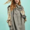 JAYLEY Cashmere Blend Wrap In Grey With Fringed Hem And Logo