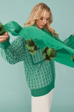 JAYLEY Cashmere Blend Wrap With Green Checkered Poms