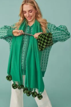 JAYLEY Cashmere Blend Wrap With Green Checkered Poms -Deals Plain Midis Store jayley cashmere blend wrap with green checkered poms p11602 80938 image