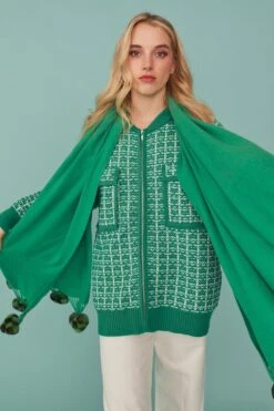 JAYLEY Cashmere Blend Wrap With Green Checkered Poms -Deals Plain Midis Store jayley cashmere blend wrap with green checkered poms p11602 80939 image