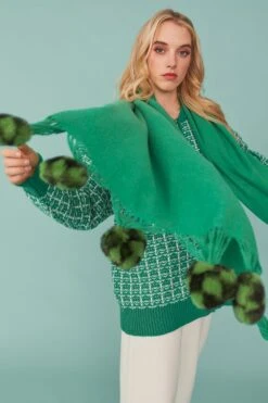JAYLEY Cashmere Blend Wrap With Green Checkered Poms -Deals Plain Midis Store jayley cashmere blend wrap with green checkered poms p11602 80940 image