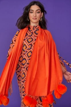 JAYLEY Cashmere Blend Wrap With Love Heart Poms In Orange