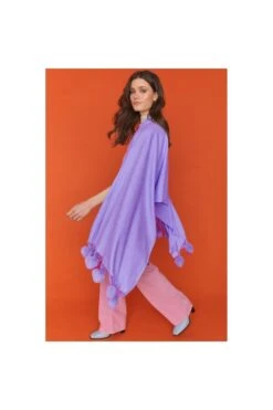 JAYLEY Cashmere Blend Wrap With Love Heart Poms In Purple