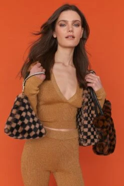 JAYLEY Checkered Mocha And Black Faux Fur Pyramid Bag -Deals Plain Midis Store jayley checkered mocha and black faux fur pyramid bag p10931 81315 image