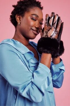 JAYLEY Chocolate Leather Snake Print Effect Gloves With Faux Fur Cuff
