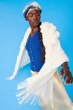 JAYLEY Cream Cashmere Blend Faux Fur Pom Pom Wrap