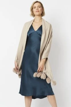 JAYLEY Cream Cashmere Blend Wrap With Heart Poms -Deals Plain Midis Store jayley cream cashmere blend wrap with heart poms p5320 64931 image