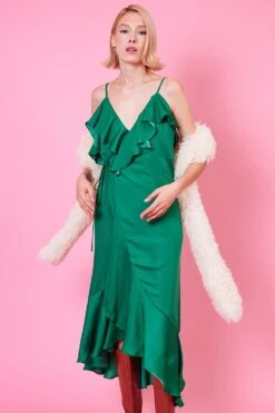 JAYLEY Emerald Silk Blend Maxi Ruffle Wrap Dress