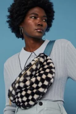 JAYLEY Faux Fur Checkered Bum Bag With Blue Strap