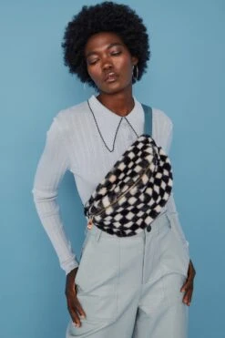 JAYLEY Faux Fur Checkered Bum Bag With Blue Strap -Deals Plain Midis Store jayley faux fur checkered bum bag with blue strap p10707 74607 image