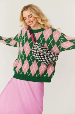 JAYLEY Faux Fur Checkered Bum Bag With Pink Strap