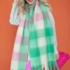 JAYLEY Green And Pink Multi Check Cashmere Blend Scarf