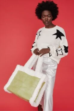 JAYLEY Green Faux Shearling Large Tote Shopper Bag -Deals Plain Midis Store jayley green faux shearling large tote shopper bag p12466 85048 image