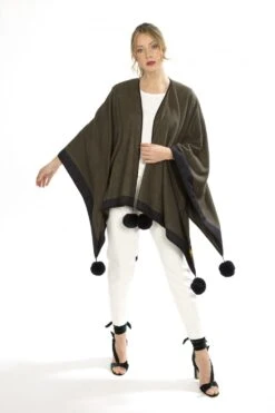 JAYLEY Green Reversible Cashmere Wrap Cape With Faux Fur Poms