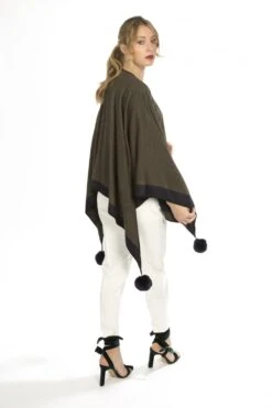 JAYLEY Green Reversible Cashmere Wrap Cape With Faux Fur Poms -Deals Plain Midis Store jayley green reversible cashmere wrap cape with faux fur poms p7913 47189 image