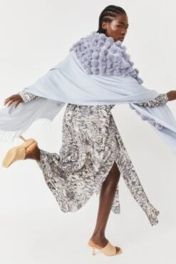 JAYLEY Grey Cashmere Blend Faux Fur Pom Pom Wrap