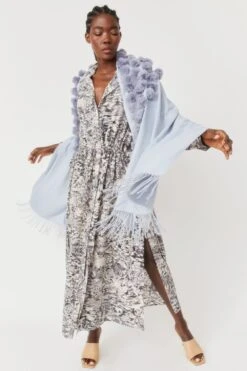 JAYLEY Grey Cashmere Blend Faux Fur Pom Pom Wrap -Deals Plain Midis Store jayley grey cashmere blend faux fur pom pom wrap p10163 77776 image