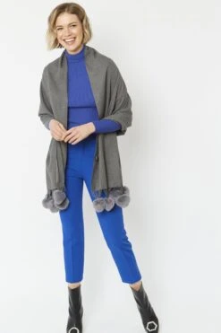 JAYLEY Grey Cashmere Blend Wrap With Faux Fur Heart Poms