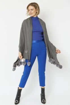 JAYLEY Grey Cashmere Blend Wrap With Faux Fur Heart Poms -Deals Plain Midis Store jayley grey cashmere blend wrap with faux fur heart poms p4827 62280 image