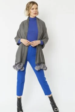 JAYLEY Grey Cashmere Blend Wrap With Faux Fur Heart Poms -Deals Plain Midis Store jayley grey cashmere blend wrap with faux fur heart poms p4827 62281 image